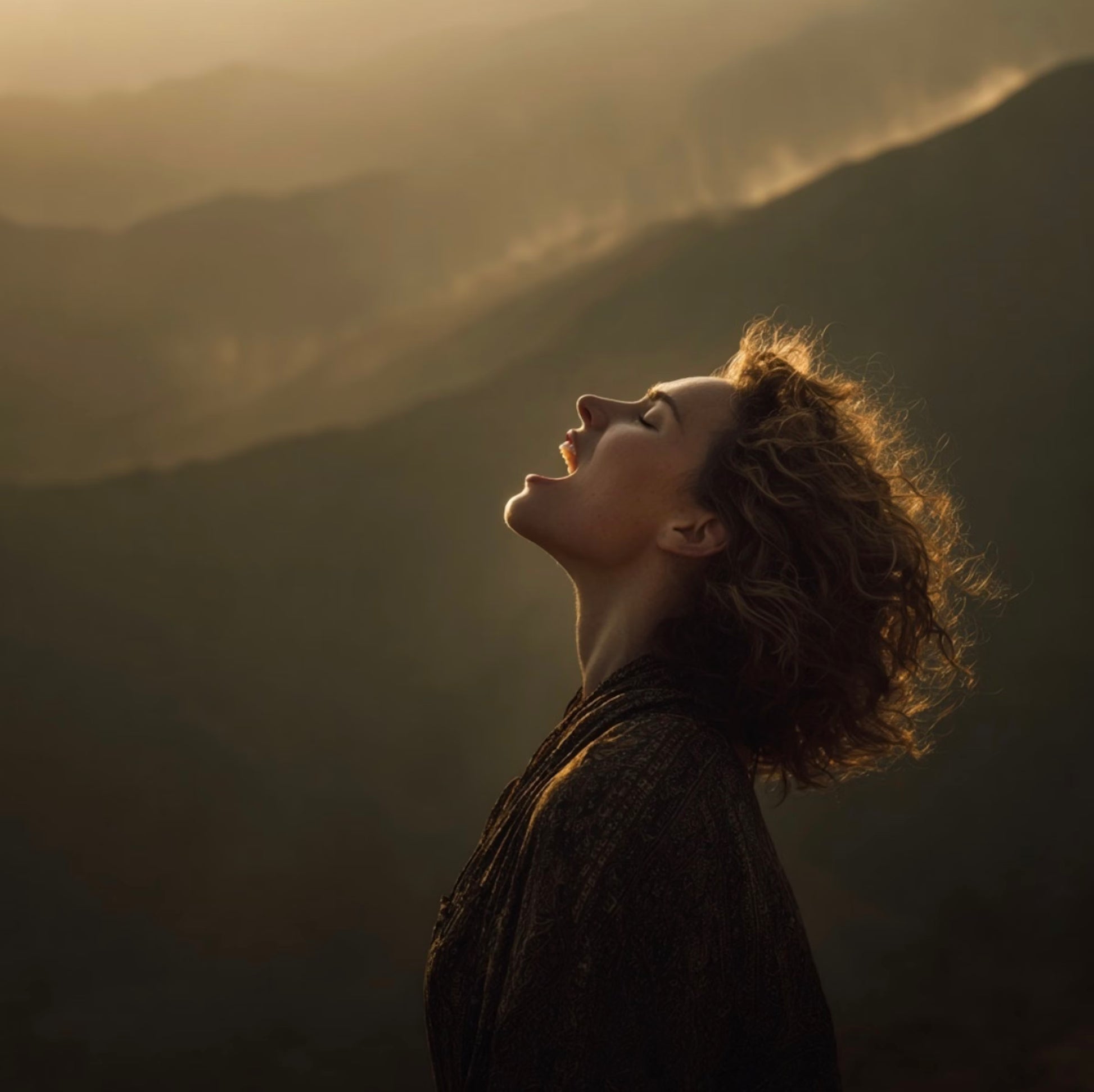 Person with head tilted back and eyes closed, releasing emotion through expressive sound.