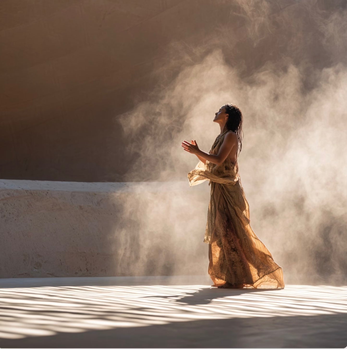 Person standing in a misty desert, raising hands in an act of spiritual vocal activation.