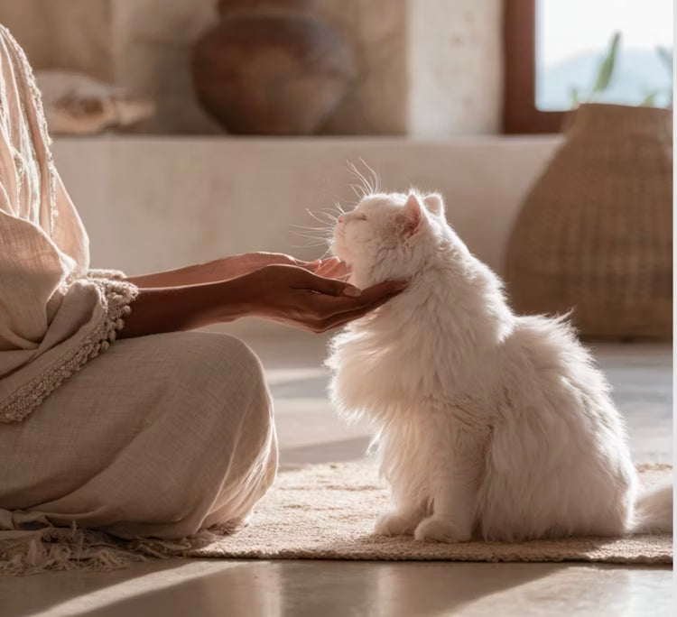 Person gently touching a white cat in a serene home setting, evoking trust and connection with animals.