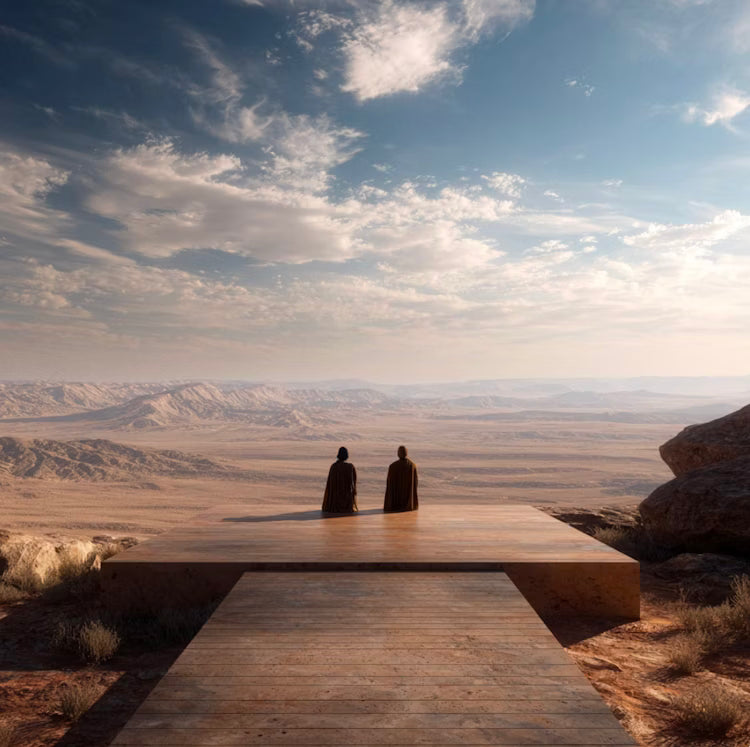 Two figures standing on a cliff overlooking desert sands, evoking timelessness and spiritual connection