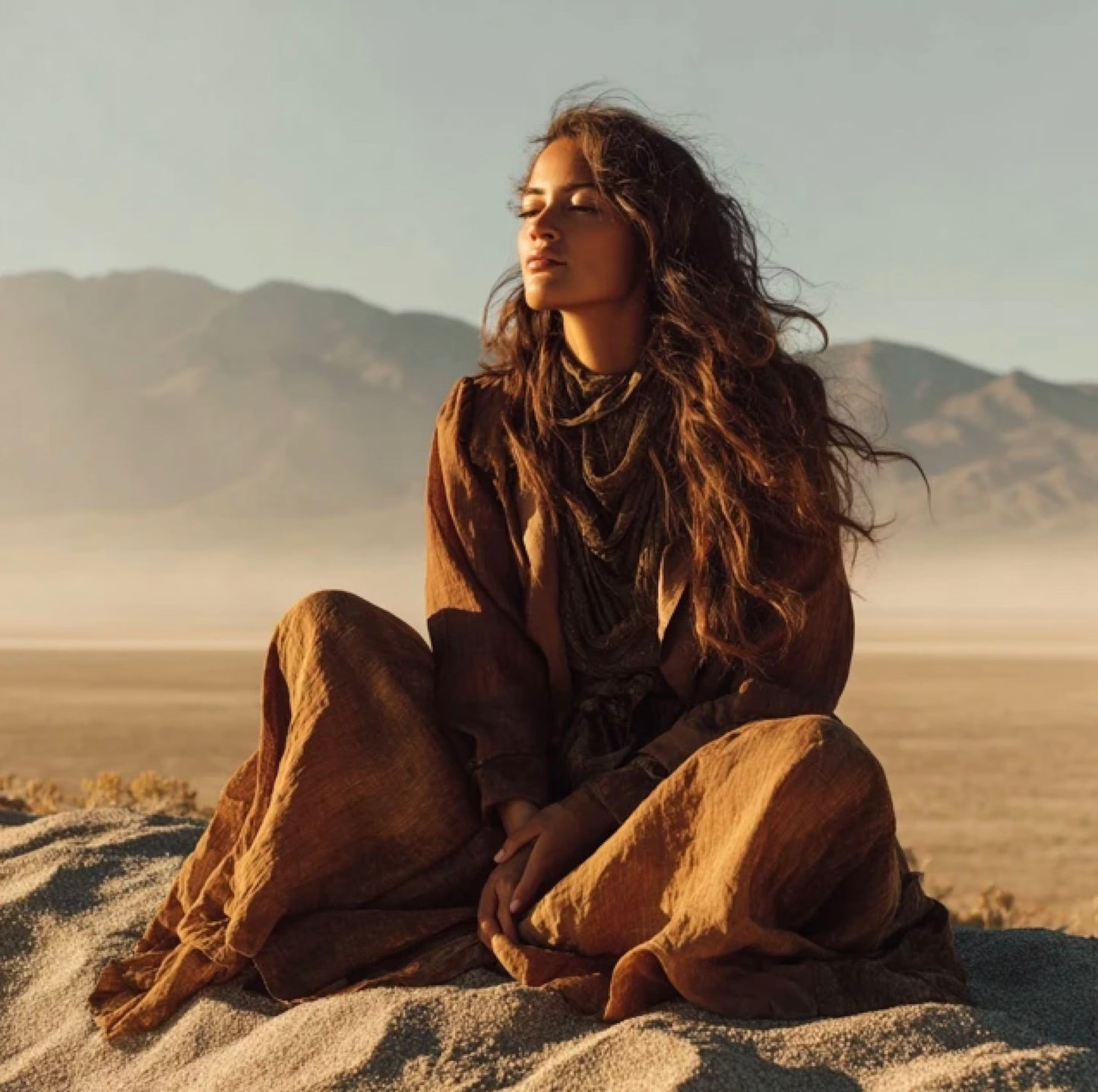 Woman sitting in desert sunlight, embodying empowerment and spiritual transformation.