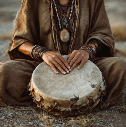 Close-up of hands holding a shamanic drum, symbolizing healing and energetic clearing.