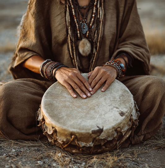 Close-up of hands holding a shamanic drum, symbolizing healing and energetic clearing.