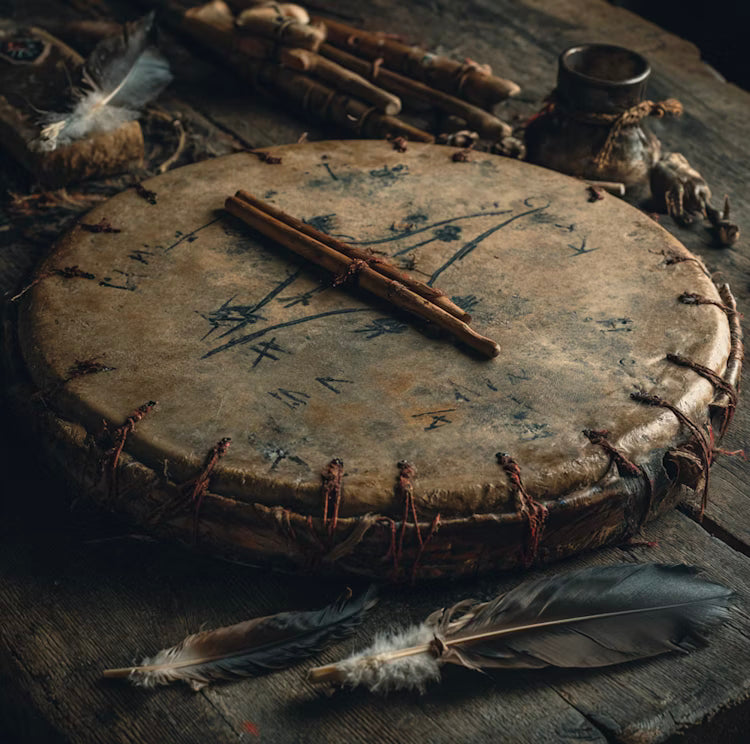 Drum and feathers lying on natural earth tones, symbolizing deep emotional healing.