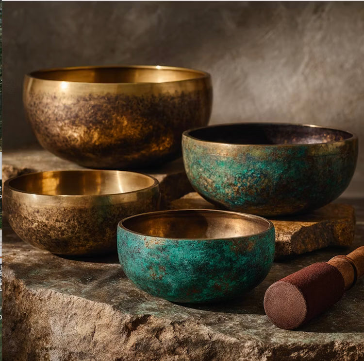 Close-up of metal singing bowls in warm light, showcasing a tranquil setup for sound healing practice.