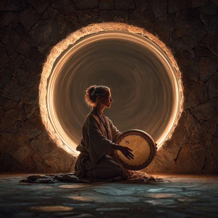Person sitting inside a circular stone structure with a drum, illuminated by a glowing light ahead.