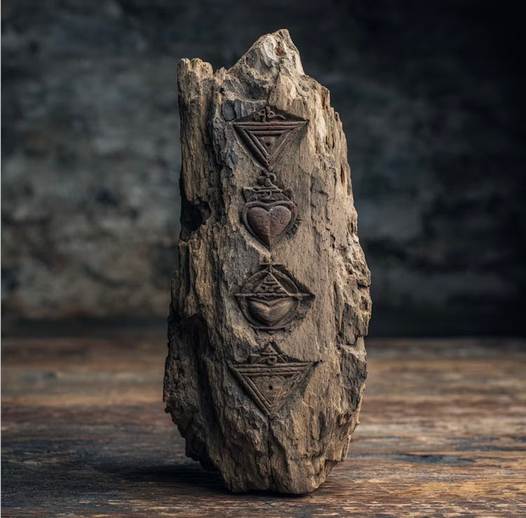 Similar wooden tablet with chakra carvings placed on a rustic wooden table, symbolizing continuation of practice.