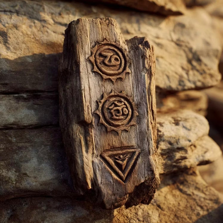 Wooden tablet engraved with ancient chakra symbols resting on stone, representing energy mastery.
