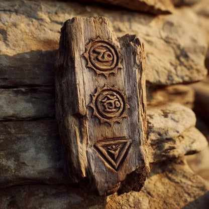 Wooden tablet engraved with ancient chakra symbols resting on stone, representing energy mastery.