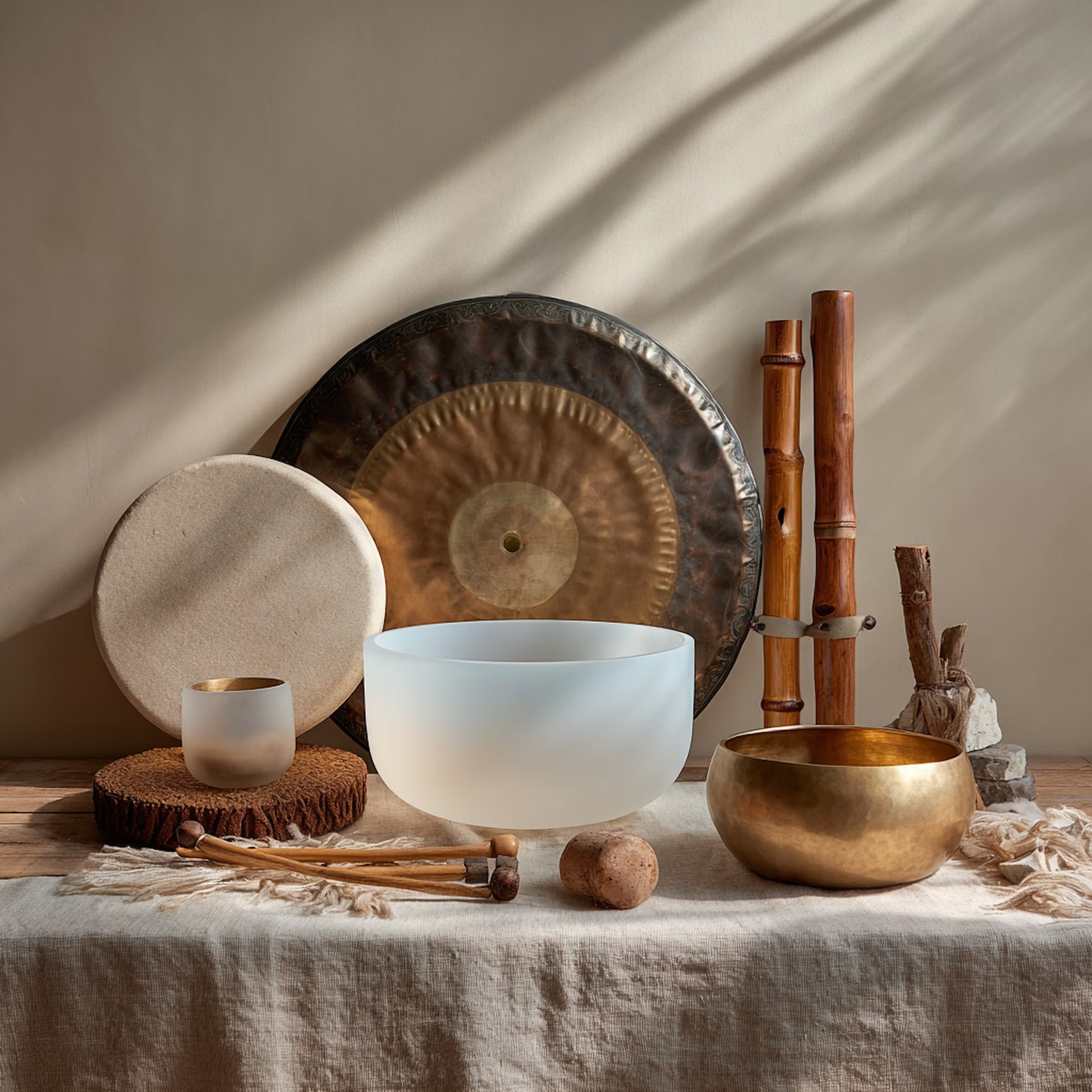 Set of crystal and bronze sound bowls arranged on a soft fabric, evoking peaceful sound healing energy.
