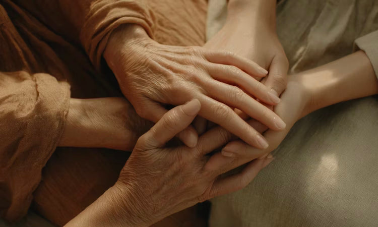 Elderly and young hands clasped together, representing intergenerational healing and ancestry connection