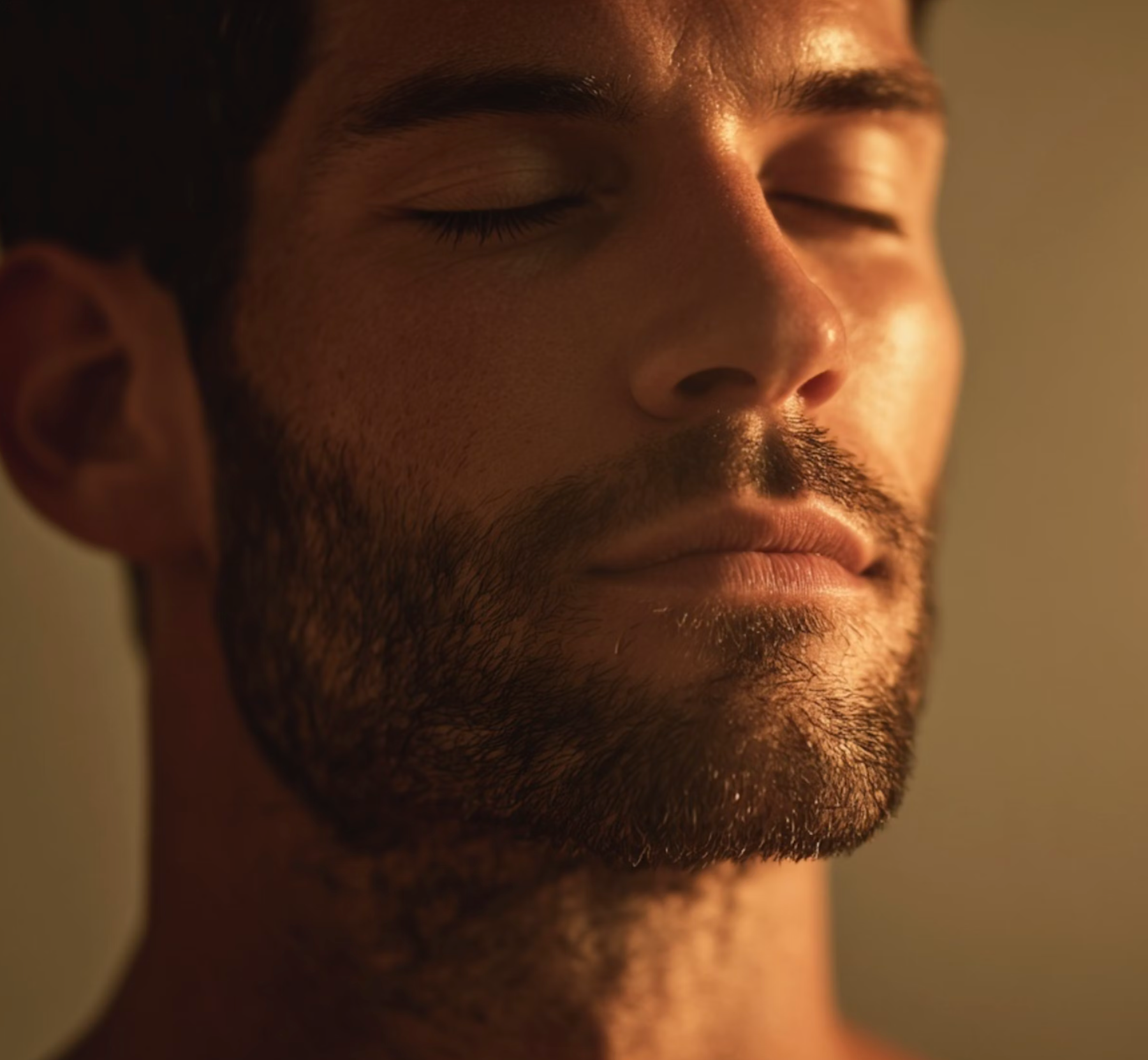 Close-up portrait of a serene man with closed eyes, symbolizing calm and nervous system regulation.