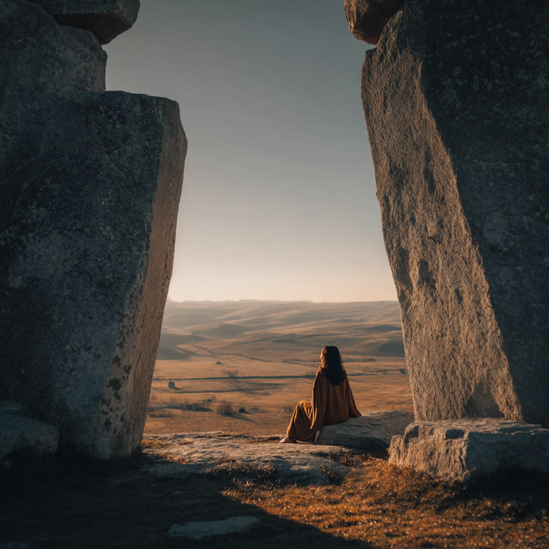Individual sitting near ancient stone formations at sunrise, symbolizing transformation and grounding.